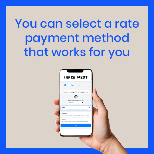  Inner West Council bill smoothing image of a hand holding a mobile with the new payment option on screen and the text 'You can select a rate payment method that works for you'